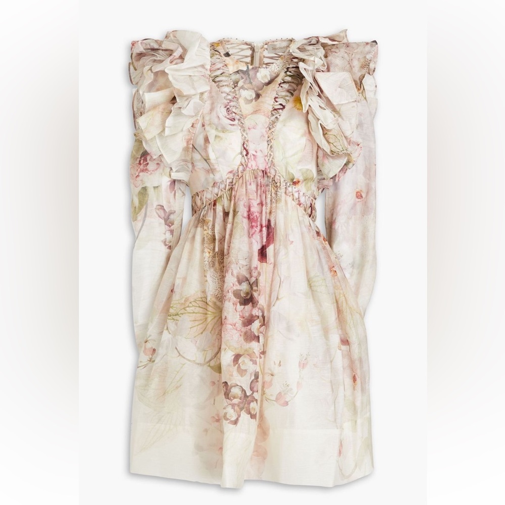 Zimmermann Floral Ruffle Dress - Cream and Pink